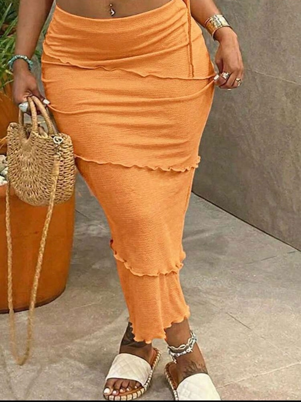 Women’s Orange Layered Midi Skirt